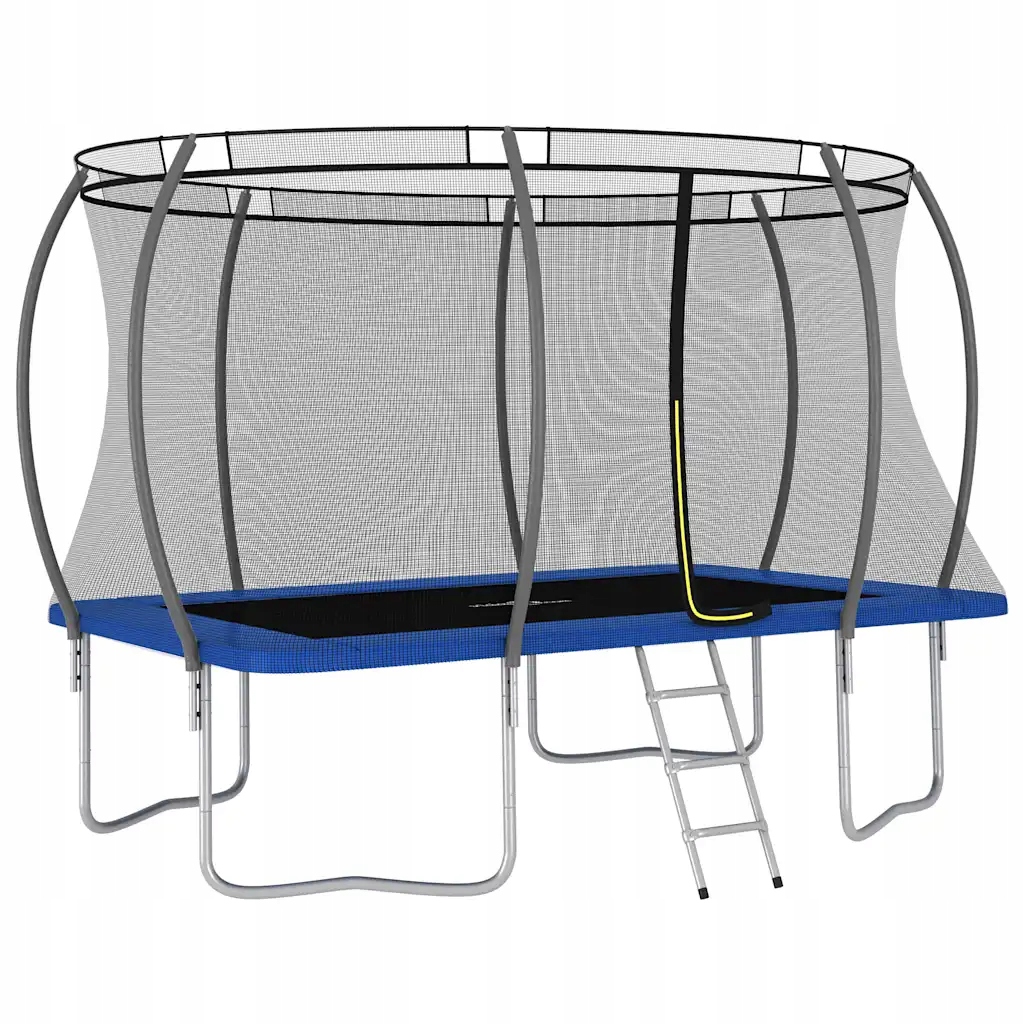 Prostokątna trampolina 335x244x270 cm, czarna, szara, niebieska
