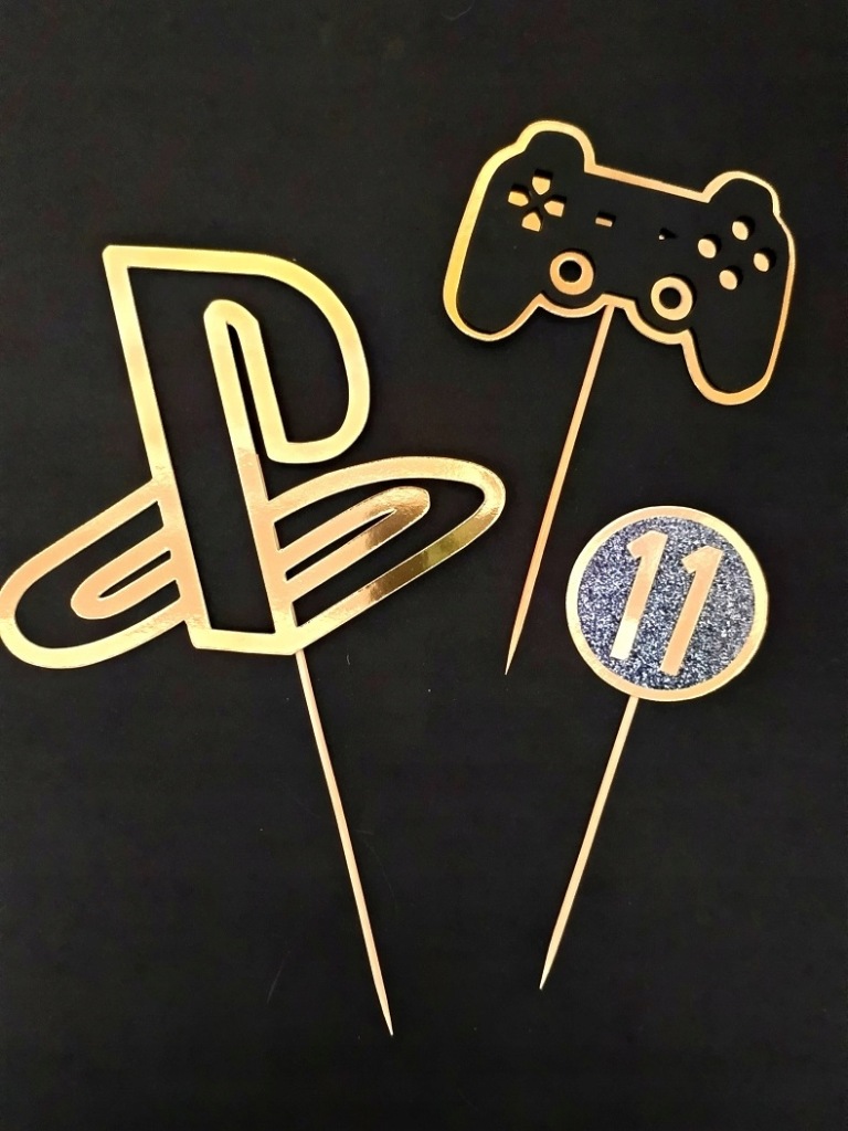 Topper dekoracja na tort PlayStation pad gracz kolor złoty seria LIGHT z 11