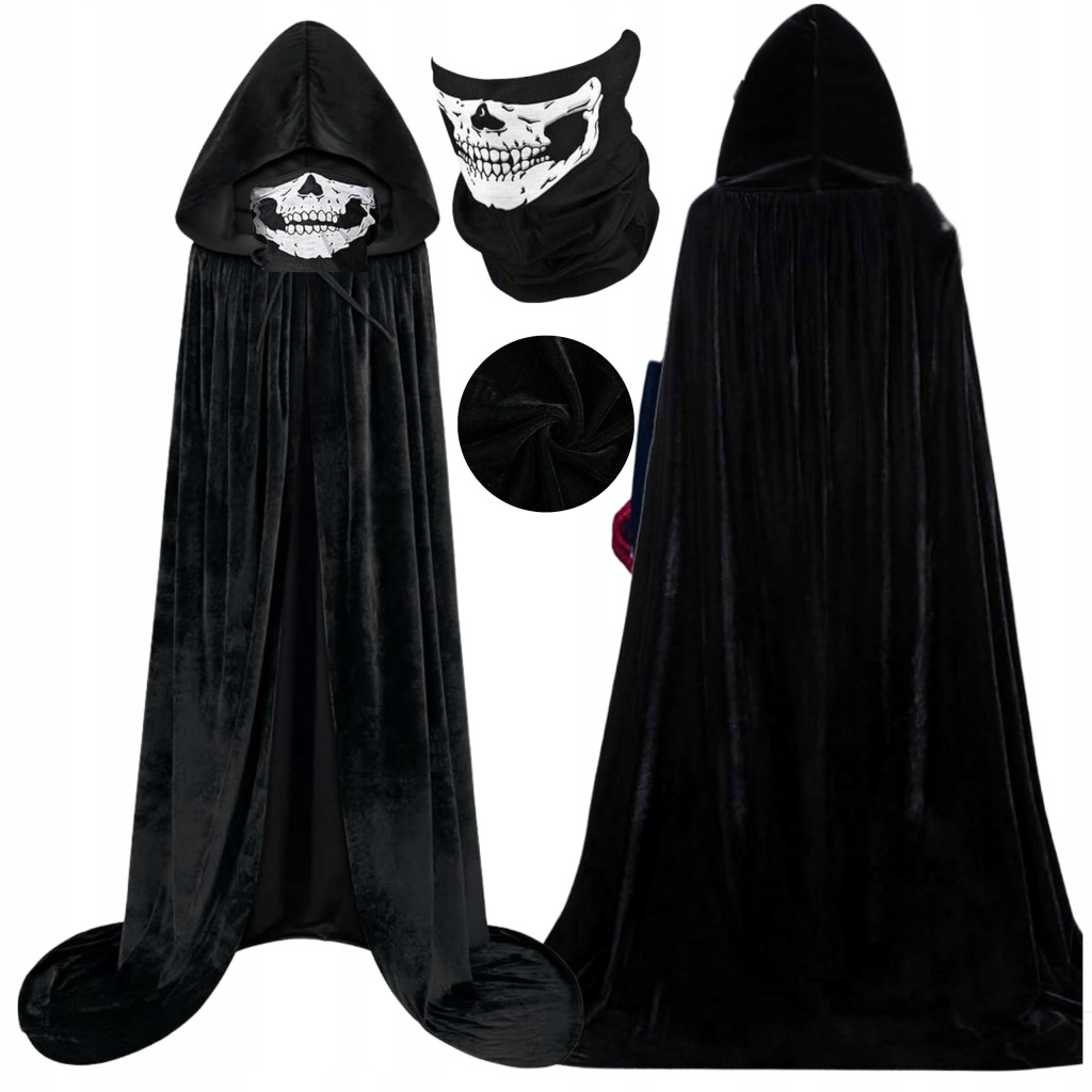 STRÓJ NA HALLOWEEN CZARNA PELERYNA Z KAPTUREM CZAROWNICY WAMPIRA C1 128-134