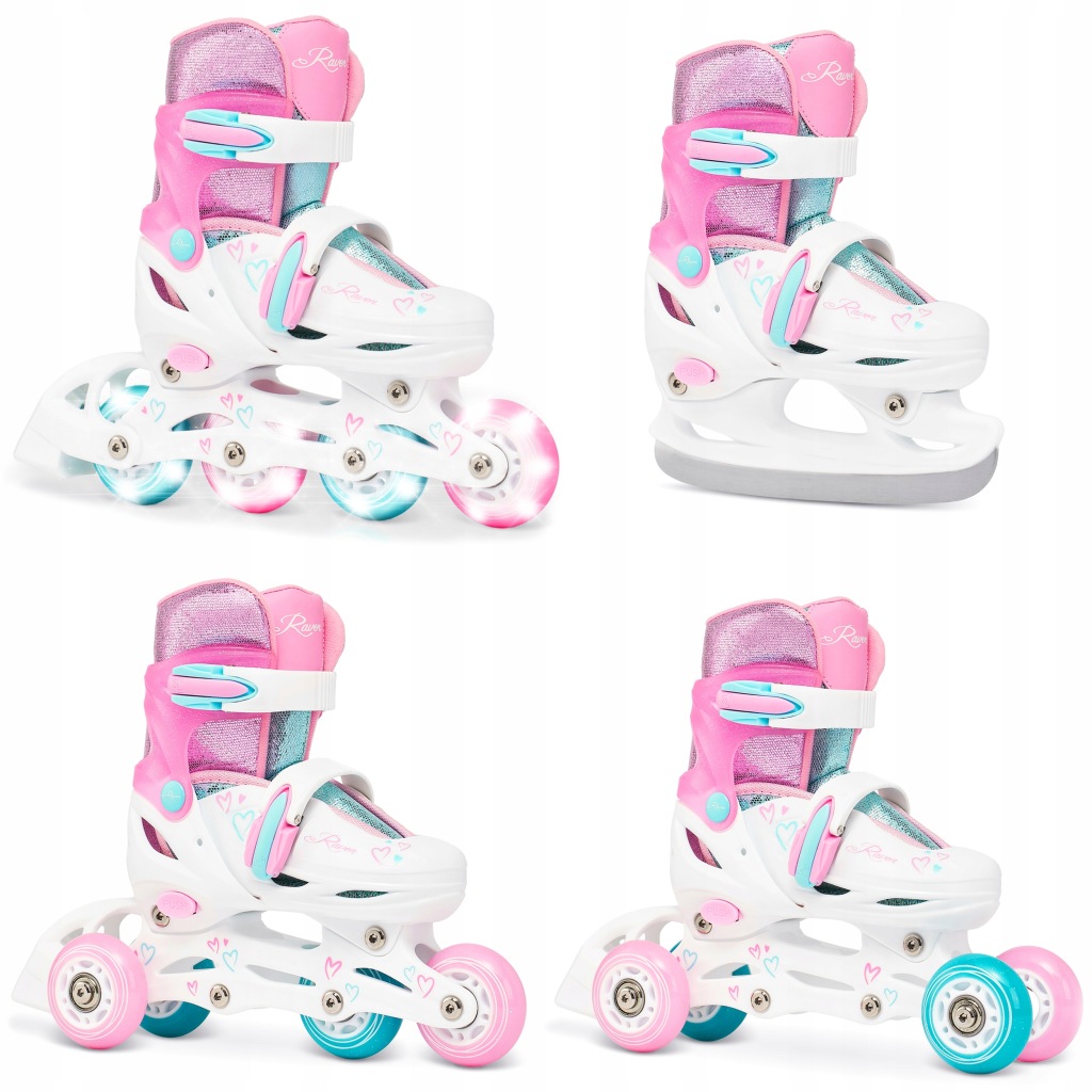Rolki Wrotki Łyżwy Hokejowe 4w1 RAVEN Loret Glitter White/Mint/Pink 27-30