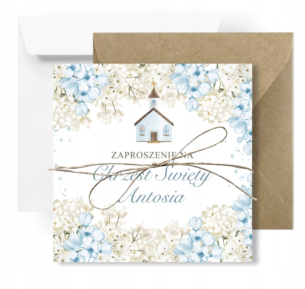 Zaproszenia na Chrzest zaproszenie White Flowers BLUE Imię Koperta