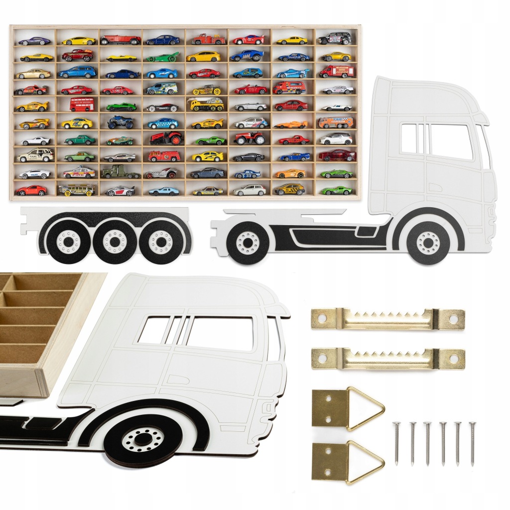 PÓŁKA TIR NA RESORAKI 80 PRZEGRÓDEK DREWNIANA DOKLEJANE KOŁA HOT WHEELS