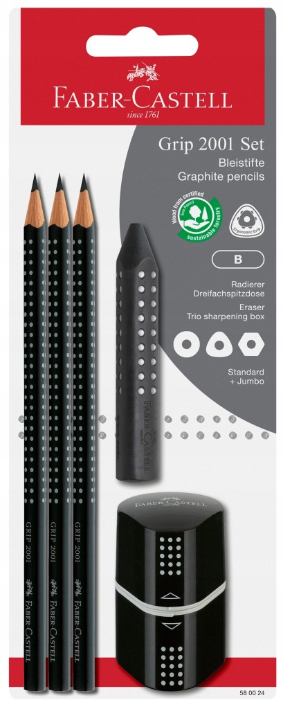 FABER-CASTELL Ołówki x3 + gumka + temperówka Grip