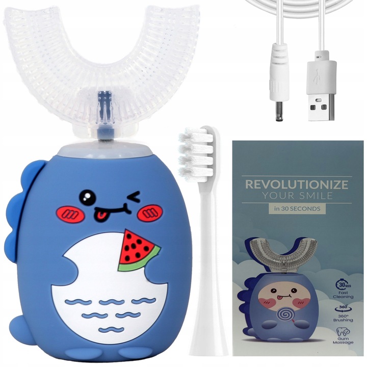 SZCZOTECZKA SONICZNA DLA DZIECI 360° U-SHAPE 2W1 NIEBIESKA SZYBKA HIGIENA
