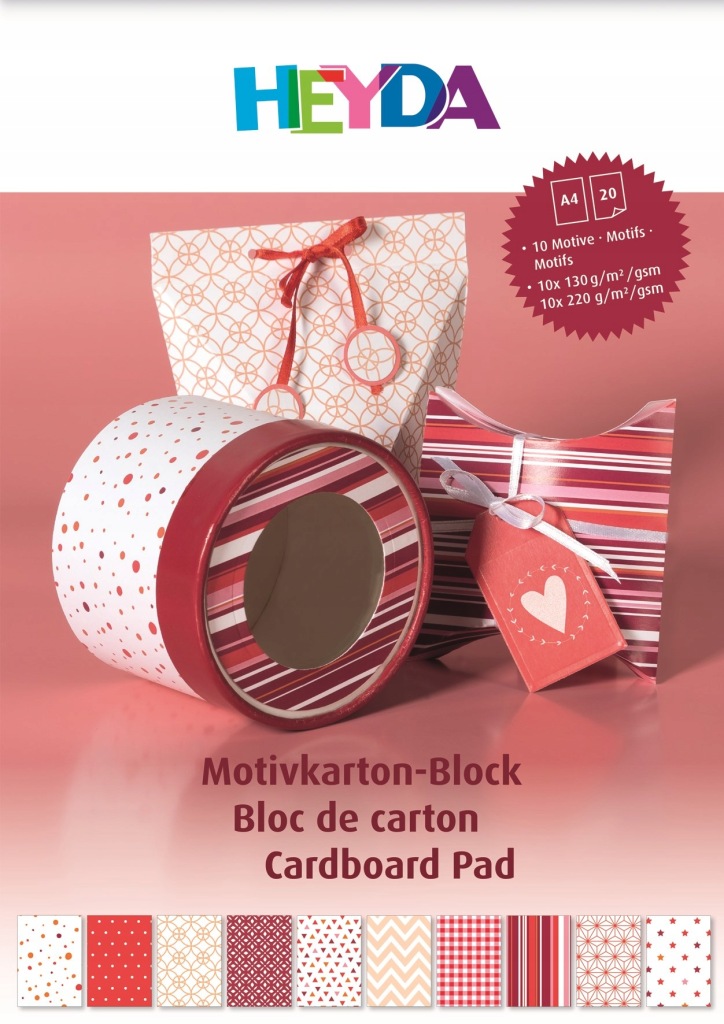 Blok kolorowych papierów A4 z motywami, 20 kartek, czerwony mix