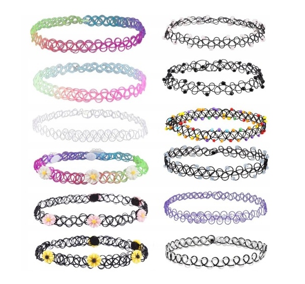 ZESTAW 12 SZT NASZYJNIK CHOKER KWIAT TATTOO TATUAŻ N