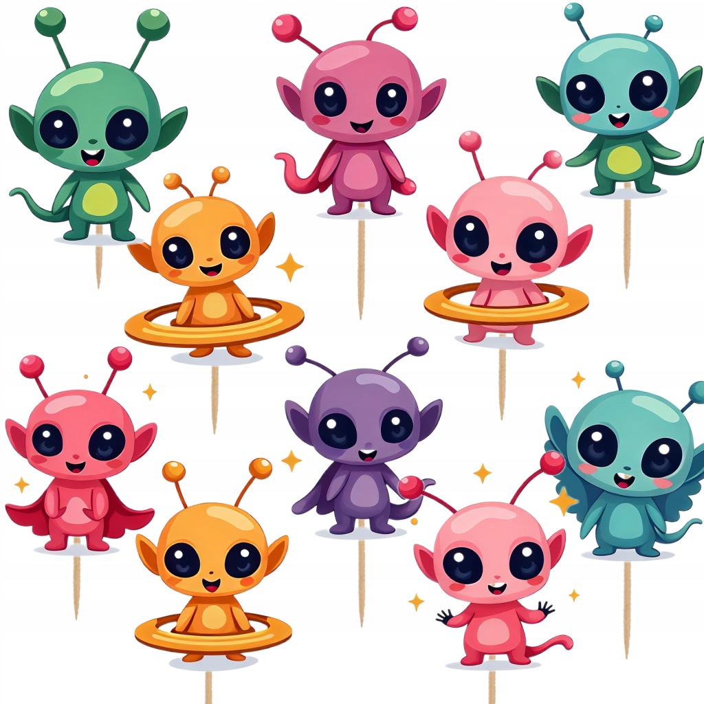 TOPPER NA TORT KOSMITA KOSMOS UFO UFOLUDKI ZESTAW POSTACI TOPPERY 10szt