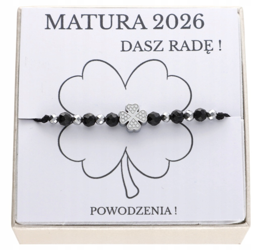 Bransoletka na maturę dla maturzysty NA SZCZĘŚCIE z turmalinem i koniczynką