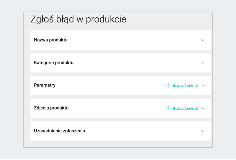 zrzut z ekranu: widok formularza zgłaszania błędów w produkcie z podziałem na poszczególne sekcje