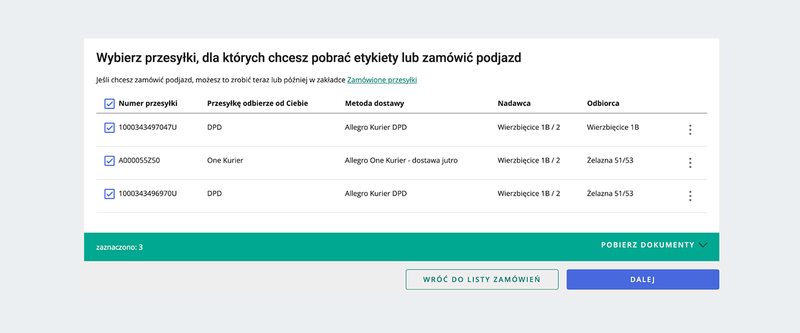 zrzut ekranu: Wybór przesyłek