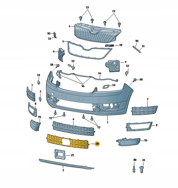 фото №2, Решітка решітка радіатора середня бампера skoda rapid радар