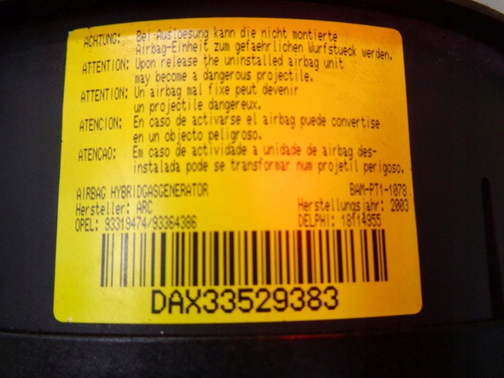 фото №6, Подушка подушка безпеки водія opel meriva a 03- 93319474 93364386