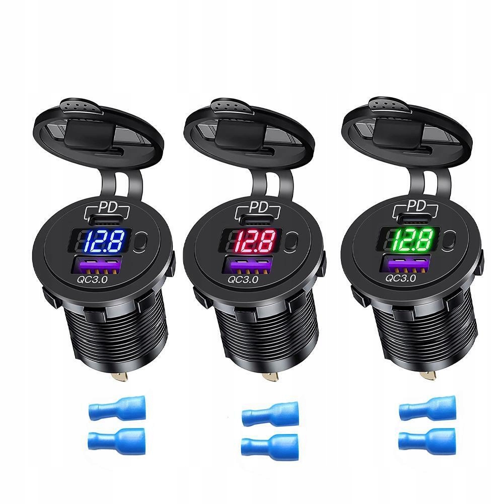 фото №11, Зарядное устройство автомобильная usb qc3.0 + pd usb c woltomierz кнопка on/off