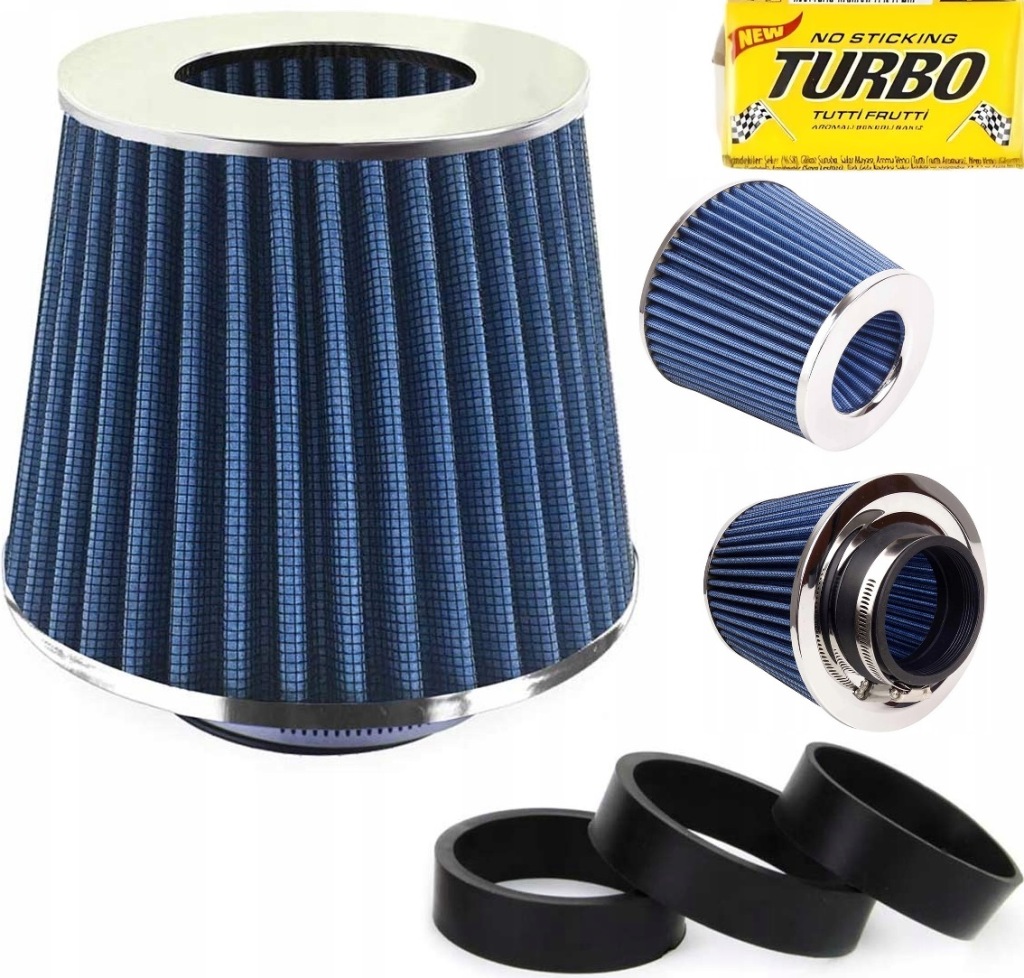 фото №1, Спортивный фильтр воздуха конусный фильтр do автомобильный хром niebieski + 3 адаптеры