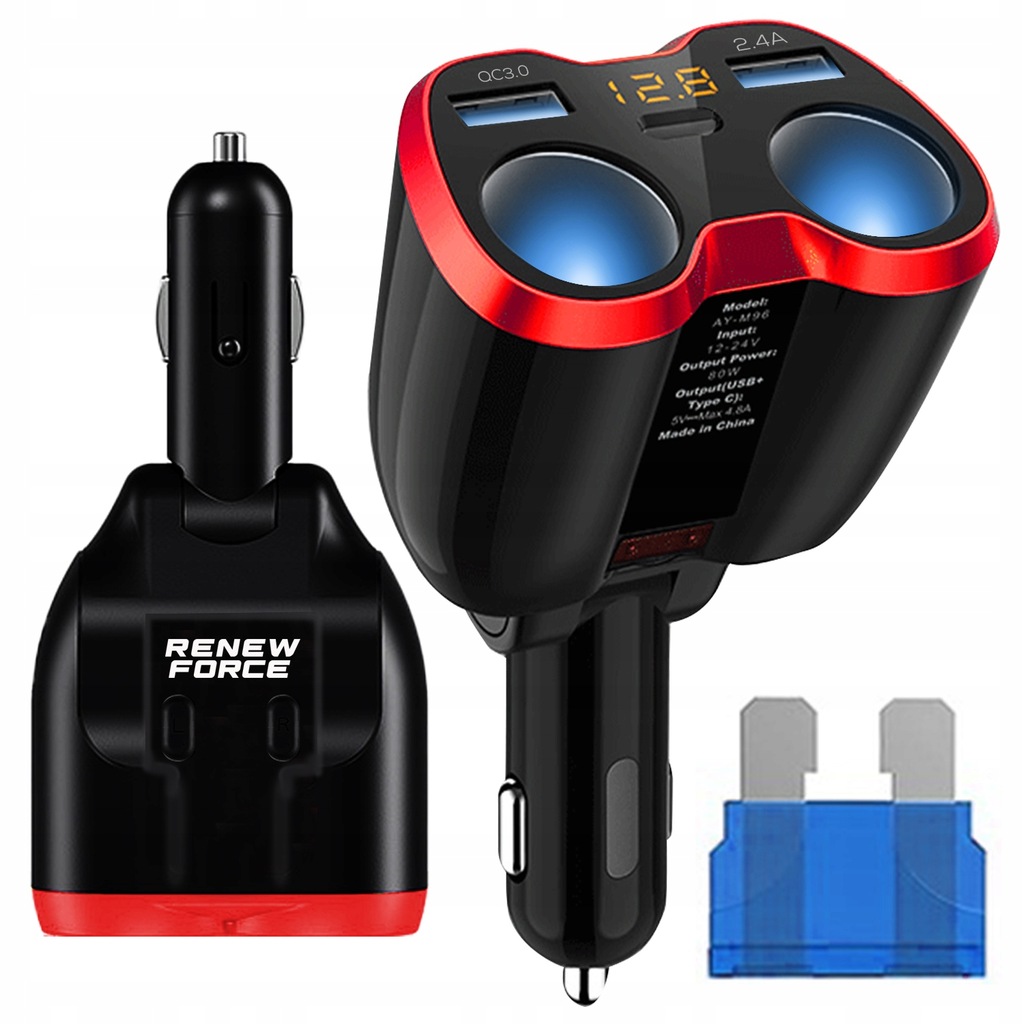 фото №9, Розподільник роз'єм прикурювача 12-24v зарядний пристрій 2xusb qc woltomierz 150w