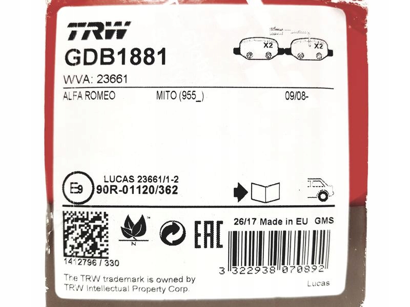 фото №3, Trw гальмівні колодки гальмівні задня alfa romeo mito