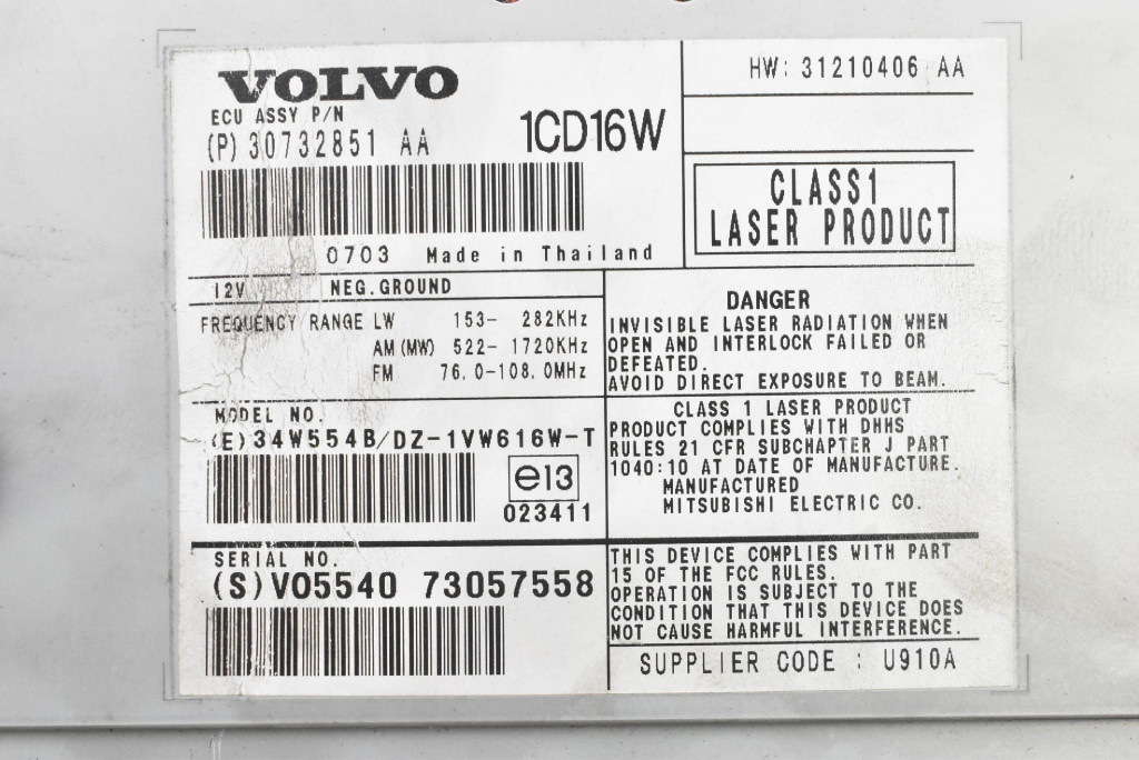 фото №6, Считыватель дисков cd 30732851 volvo s40 v40 2 ii 04-07