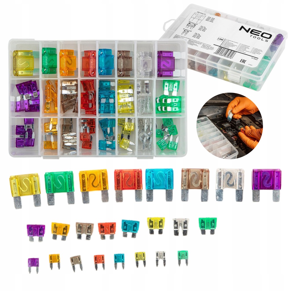 фото №11, Neo набір запобіжників автомобільних 88 sztuk 3a-100a органайзер 11-993