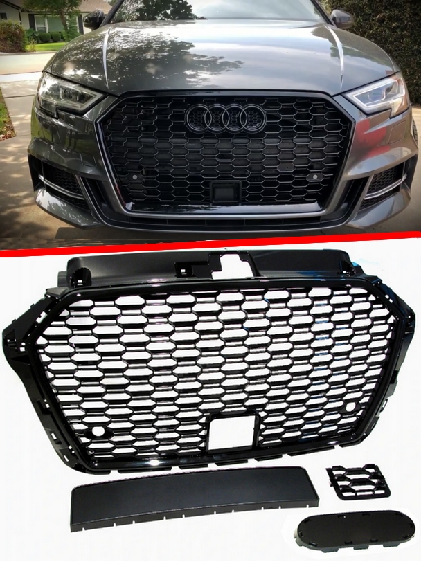 фото №1, Решётка радиатора audi a3 8v lift 17- rs3 look чёрный блеск plaster соты радар pdc