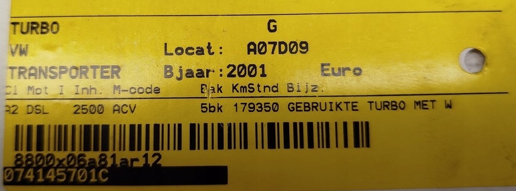 фото №9, Турбонагнетатель vw lt 2,5 tdi 074145701c
