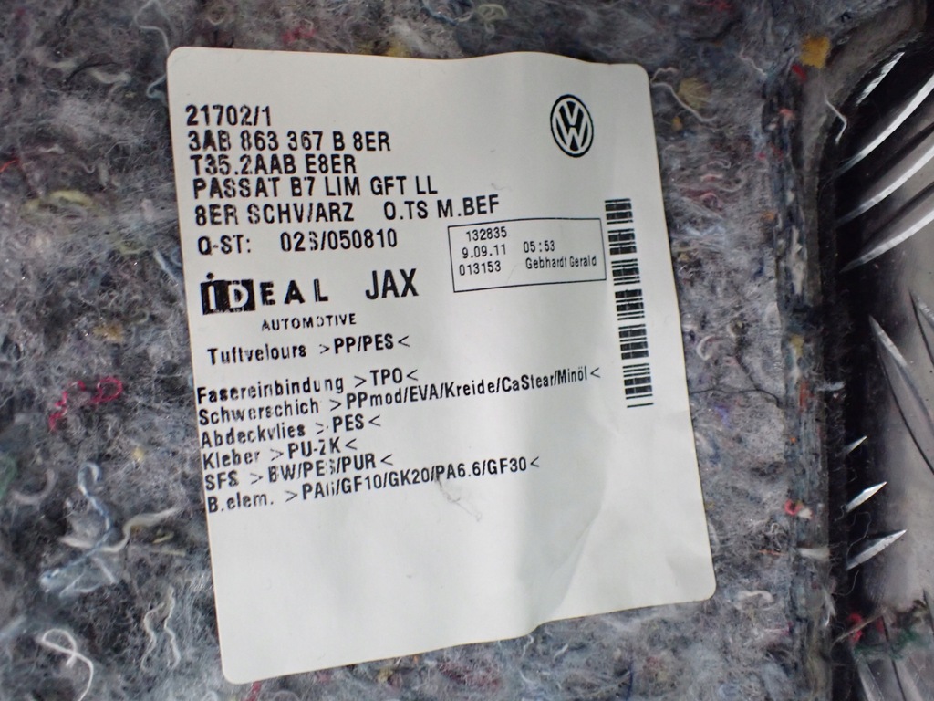 фото №12, Пол обшивка коврик vw passat b7 2.0 tdi sedan dsg 3ab863367b 10232