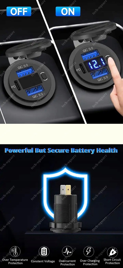 фото №12, Роз'єм заряджання usb 2x qc3.0 36w + pd 55w 12-24v woltomierz