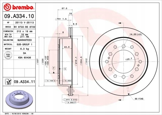 фото №1, Brembo 09.a334.11 диск тормозная