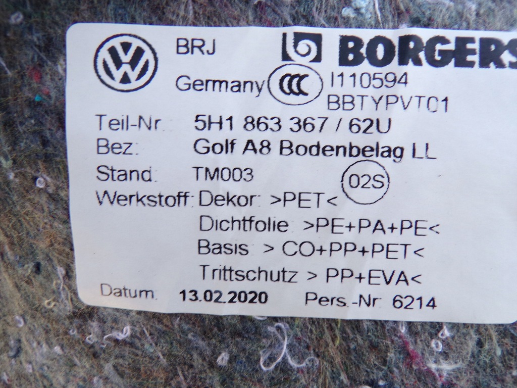 фото №5, Обшивка коврик 5h1863367 vw golf viii hb europa