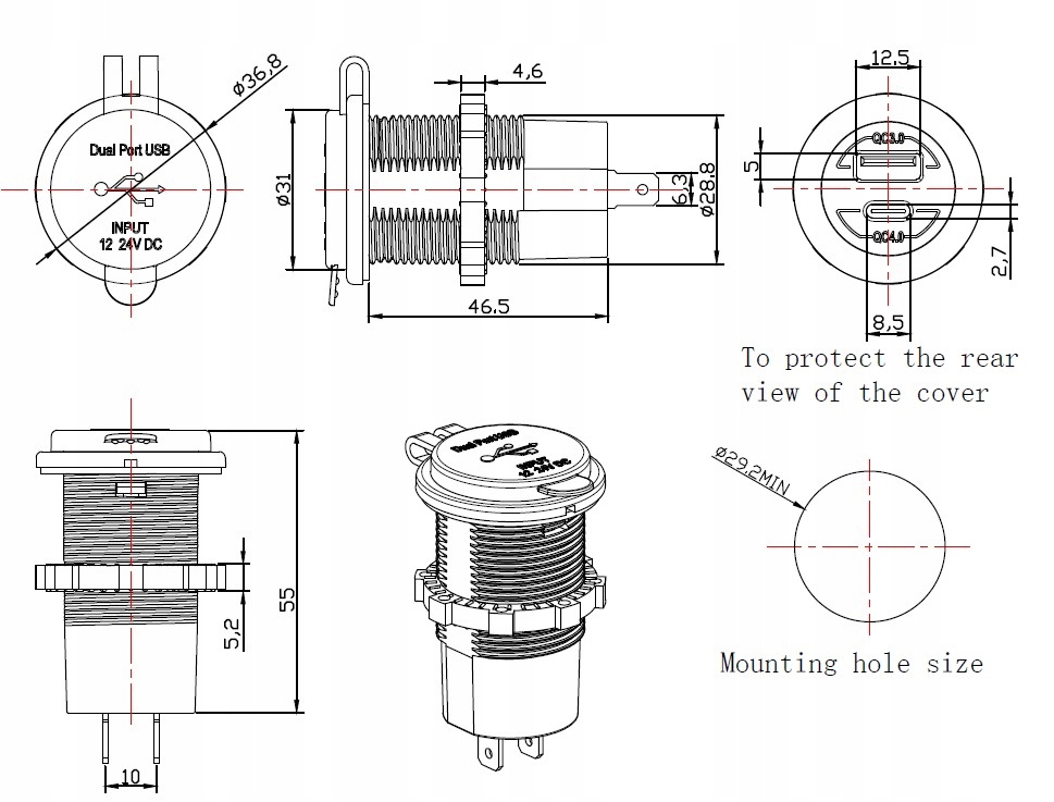 фото №9, Зарядное устройство usb c+a qc 4.0 pd 60w красный