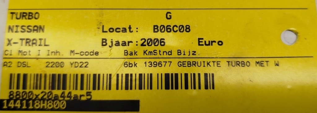 Турбонагнетатель nissan 144118h800 25 316d 136677 km с Разборки