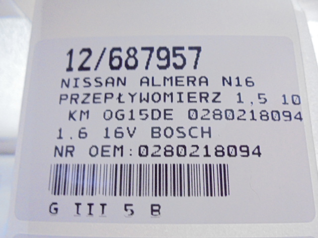 фото №6, Nissan almera n16 расходомер 0280218094 1,6 16v