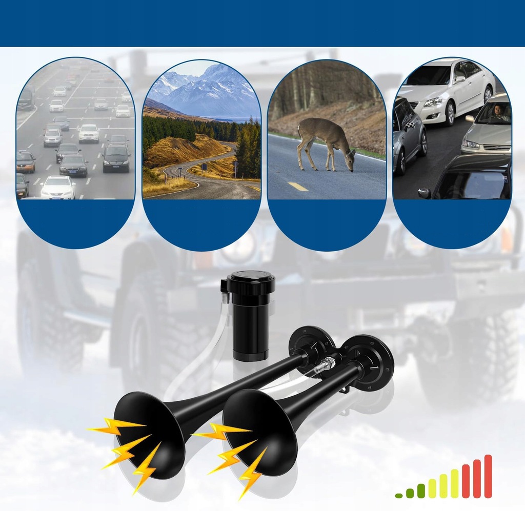 фото №11, Клаксон повітряний 150 db подвійний сигнальні труби електричний автомобіль ze компресор