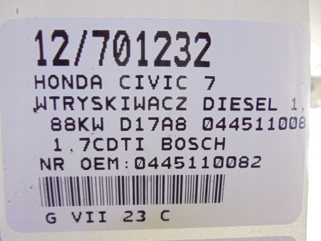 фото №8, Honda civic 7 vii форсунка дизель 0445110082 1,7cdti 88kw d17a8