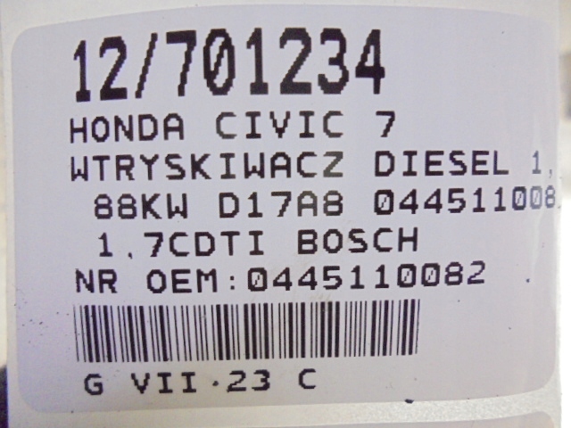фото №8, Honda civic 7 vii форсунка дизель 0445110082 1,7cdti 88kw d17a8