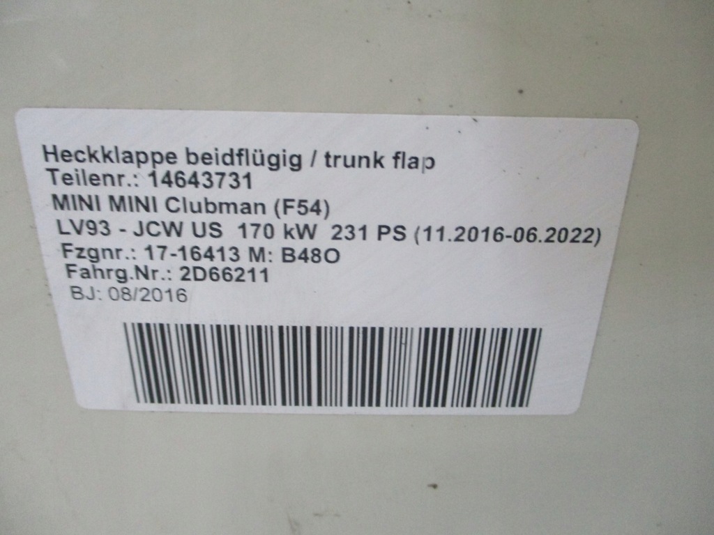 фото №5, Крышка багажника задняя mini f54 clubman 16r 850 pepper white