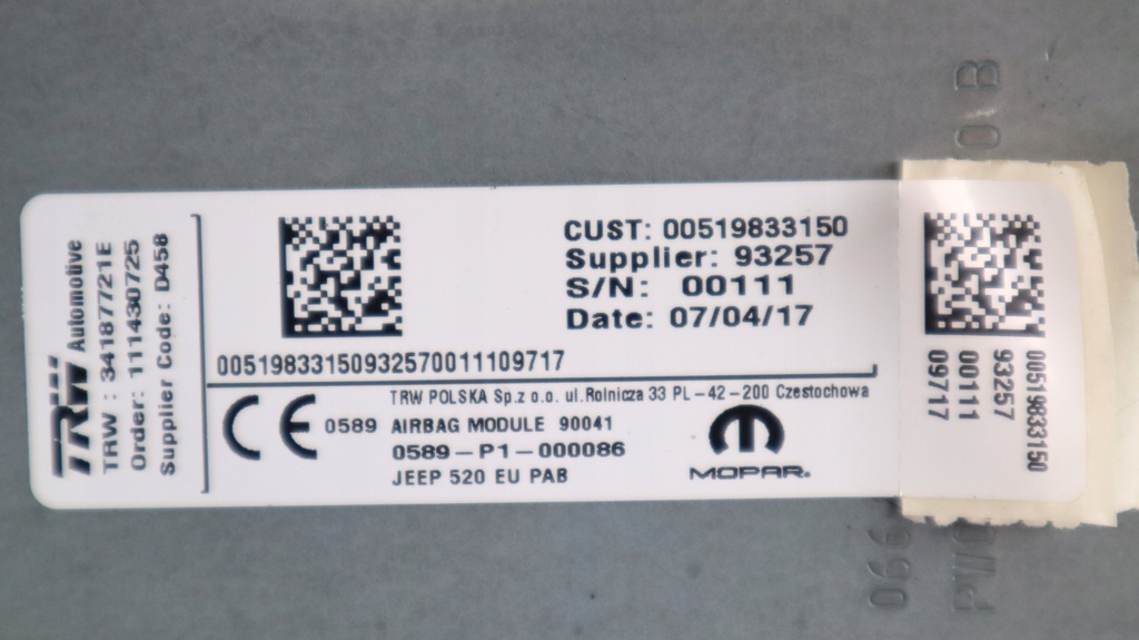 фото №12, Jeep renegade набор подушка безопасности 00519833150, 07356038310, 0735637440
