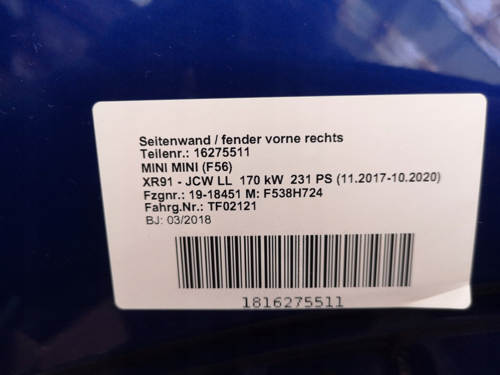 Крыло  перед правый  mini f56 f57 cooper jcw b62 Недорого