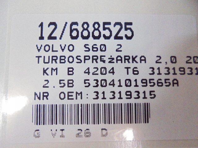 фото №13, Volvo s60 ii 2 турбонагнітач 31319315 2,5b 53041019565a