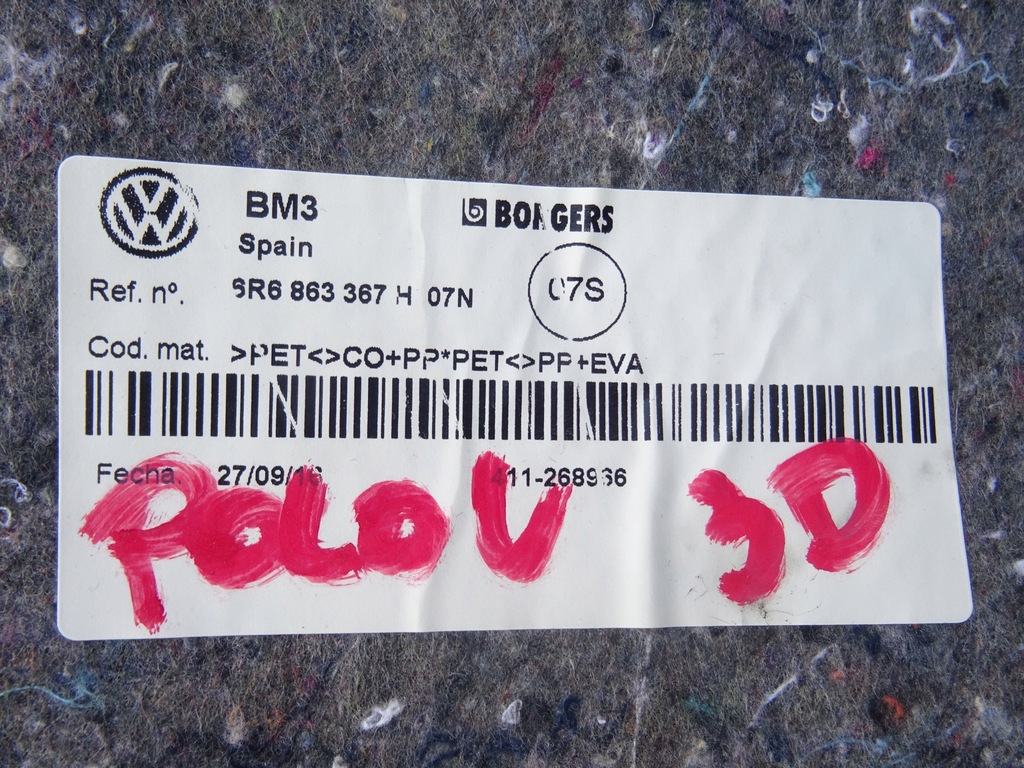 фото №7, Килимок обшивка салону vw polo v 5 6c0 6c lift 14-17 3d 3 d 3 двері