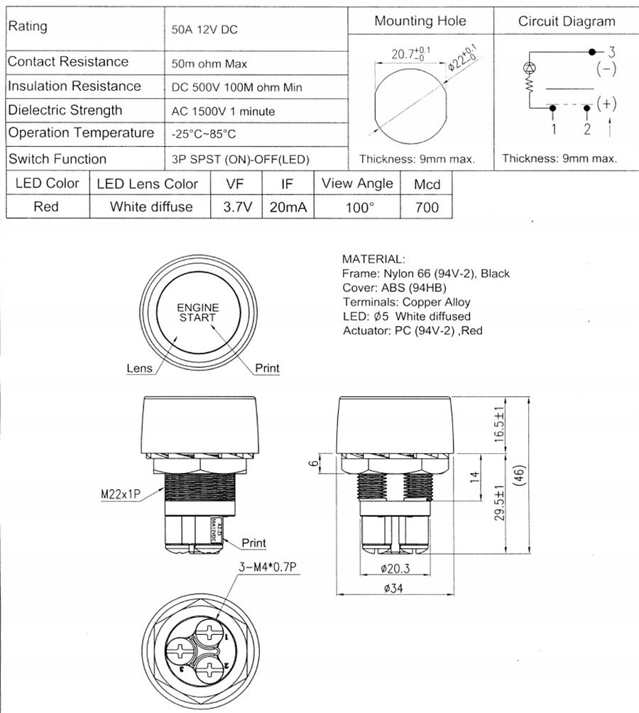 фото №6, Кнопка 12v 50a двигатель запуск зажигания стоп led