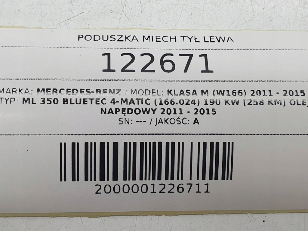 Подушка пневмоподушка airmatic задній задня ліва mercedes w166 ml Оригінал