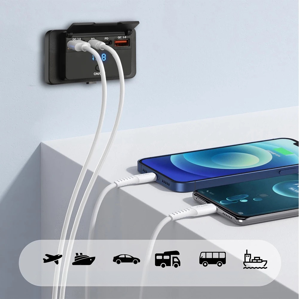 Разъём автомобильные монтажные 12v 24v 4 usb pd qc 3.0 on off 96w крышка Киев
