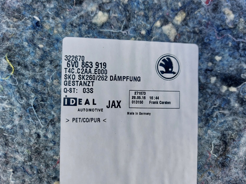 фото №6, Skoda fabia iii килимок шумоізоляція обшивка підлога 6v1863367e 6v0863919