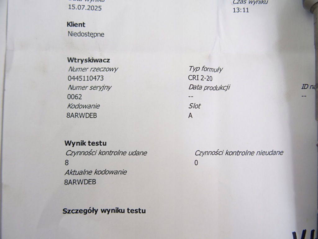 Форсунки vw audi skoda 1.6tdi 04l130277ad 0445110473 bosch wydruk test Оригинал