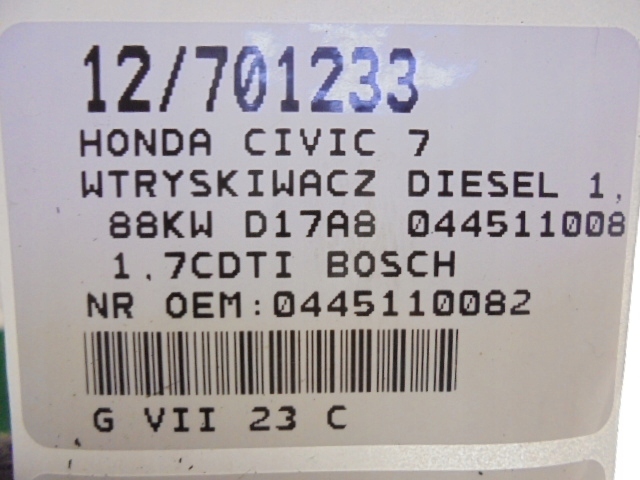 фото №8, Honda civic 7 vii форсунка дизель 0445110082 1,7cdti 88kw d17a8