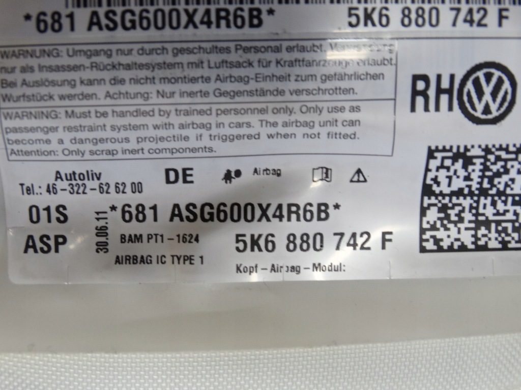 фото №7, Шторка безпеки повітряна права vw golf vi 5k6880742f