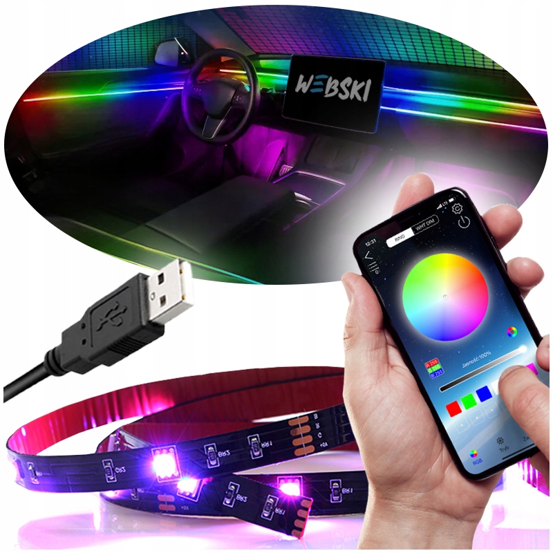 фото №1, Стрічка ремінь led rgb na port usb освітлення do салону автомобіля автомобіля 3m