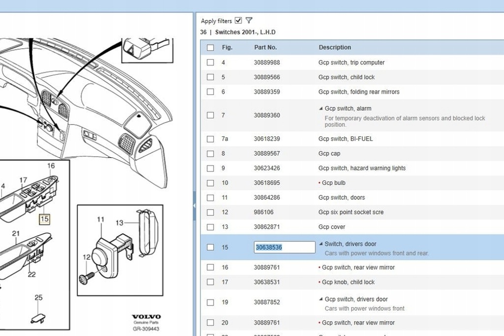 фото №8, Кнопка керування вікон лівих передніх двері volvo s40 i vs 30889749