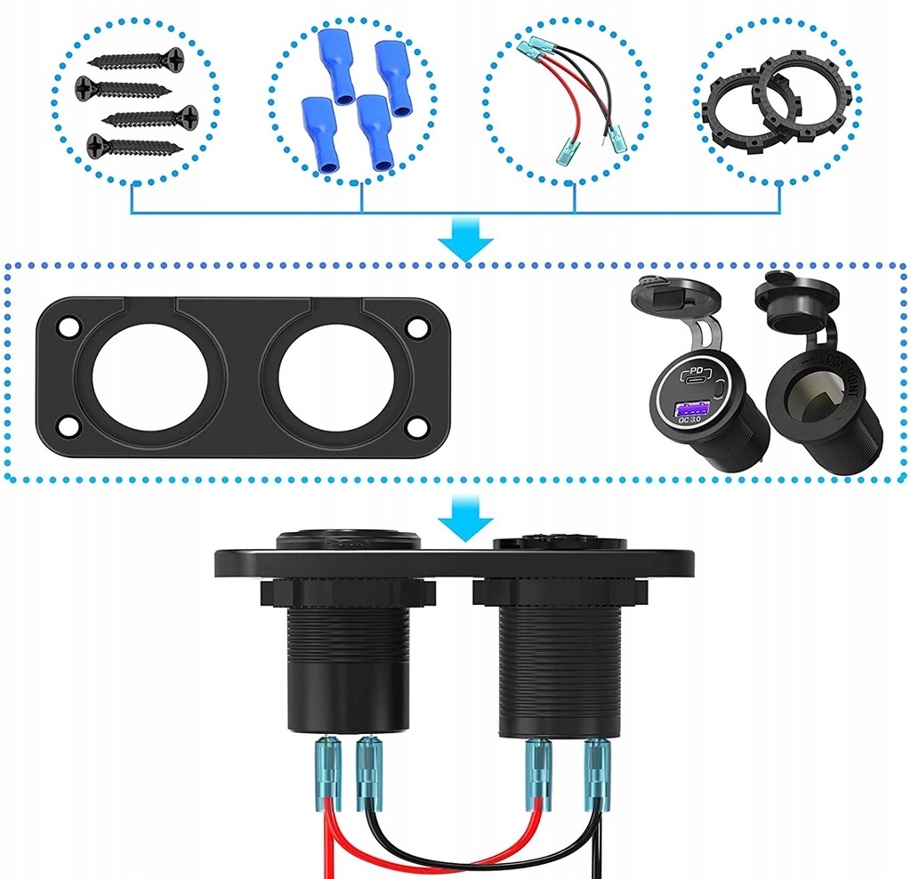 фото №9, Панель do надбудова зарядний пристрій usb qc3.0 + pd + роз'єм прикурювача + вимикач