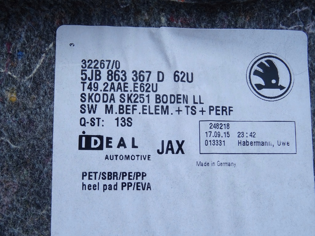 фото №9, Коврик обшивка салона skoda rapid spaceback 5ja 12-19 5jb863367d
